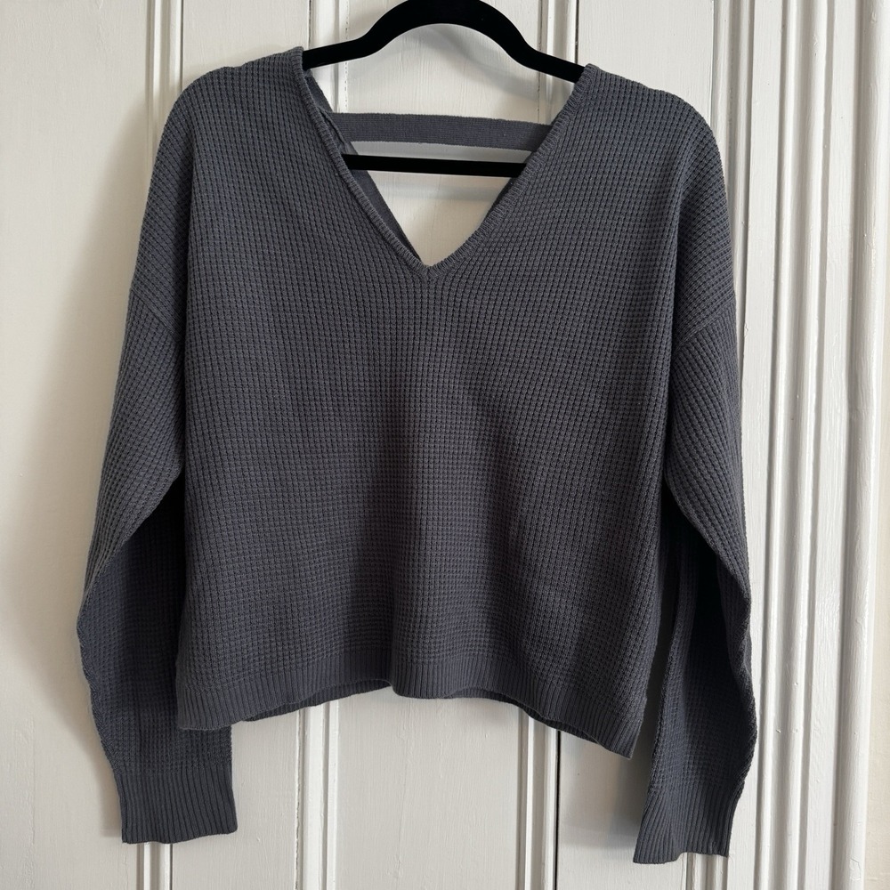 Pink Rose Gray Deep V Oversized Knit Sweater Long Sleeve Large Boho‎ Fall